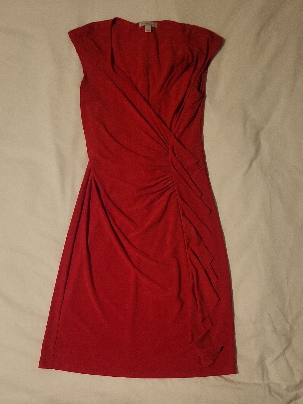 Red Cap-Sleeve Faux-Wrap Midi Dress with Side Ruffle Detail
